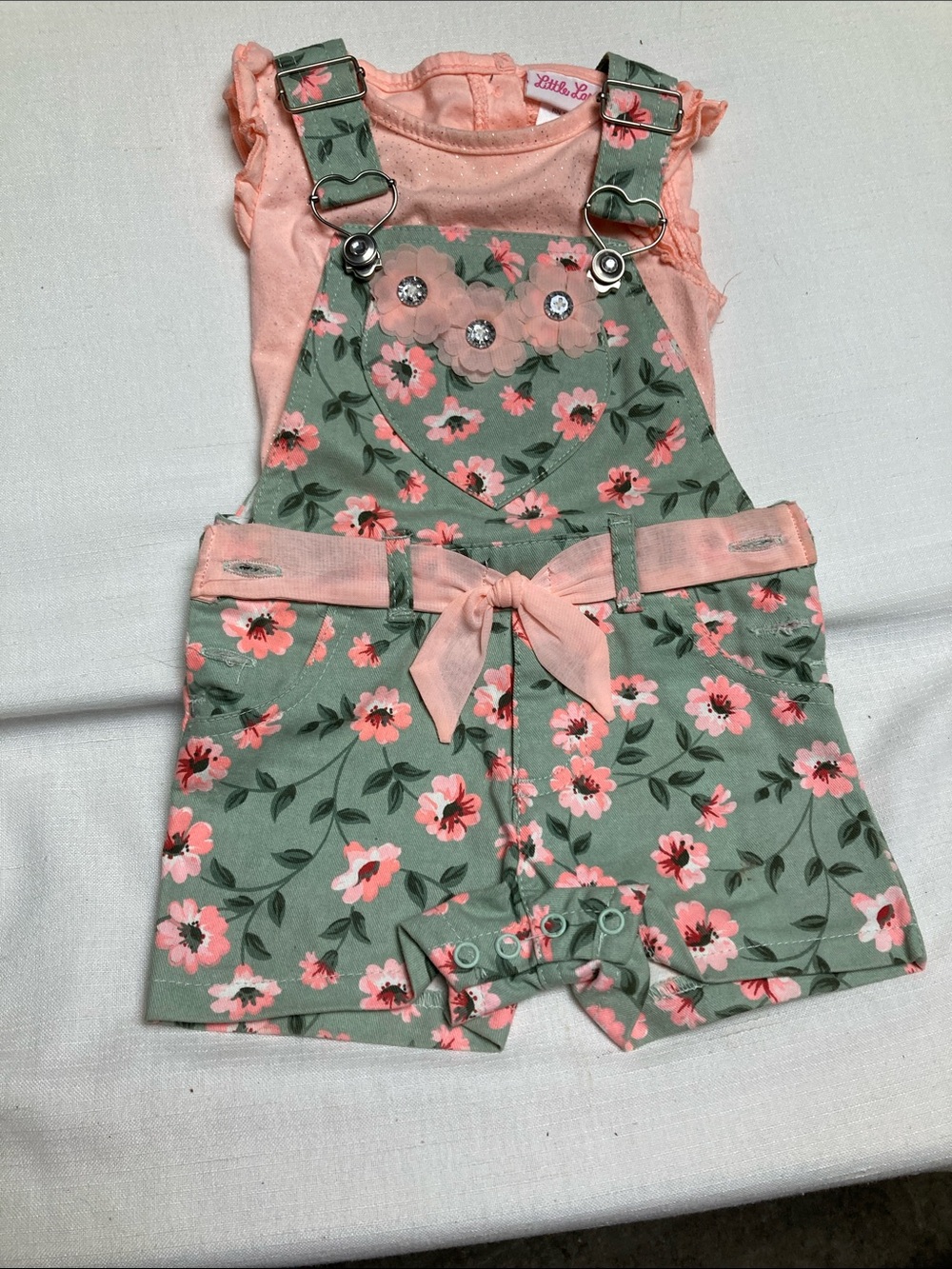 Little Lass Pink and Green Floral Short Overalls Romper